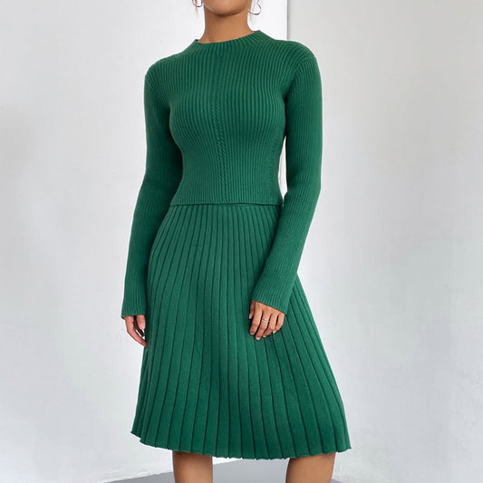 Women's Ribbed Crew-Neck Sweater Pleated A-Line Skirt Two-Piece Dark Green