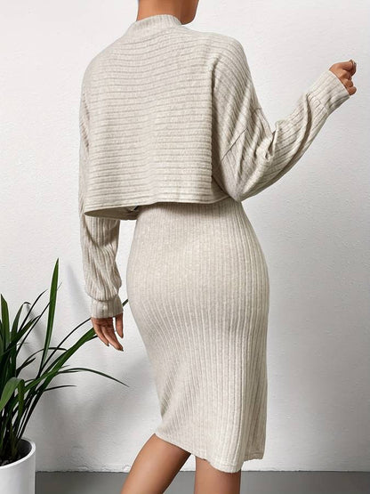 Women's Ribbed High-Neck Sweater Fitted Midi Skirt Two-Piece Set 1
