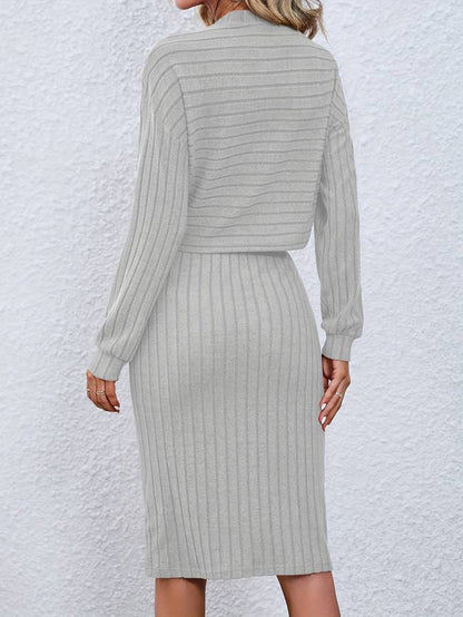 Women's Ribbed High-Neck Sweater Fitted Midi Skirt Two-Piece Set 2