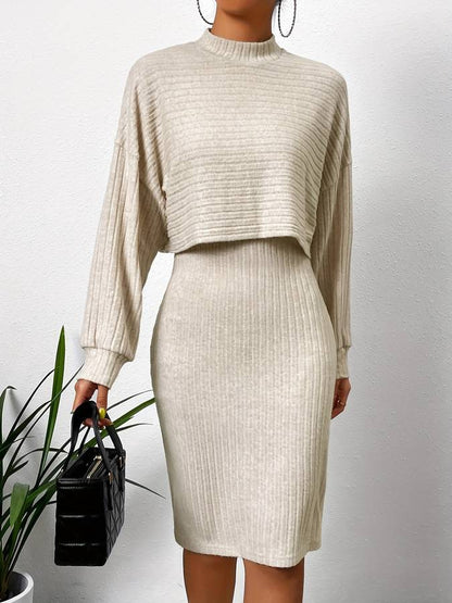 Women's Ribbed High-Neck Sweater Fitted Midi Skirt Two-Piece Set Cream