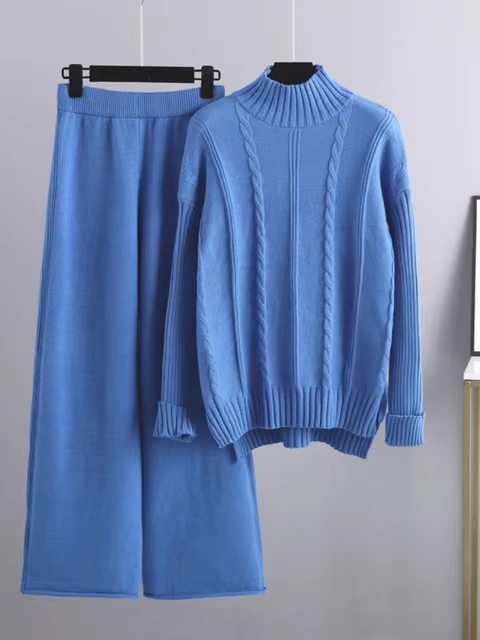 Women's Ribbed Turtleneck Cable-Detail Sweater Wide-Leg Pant Set Blue