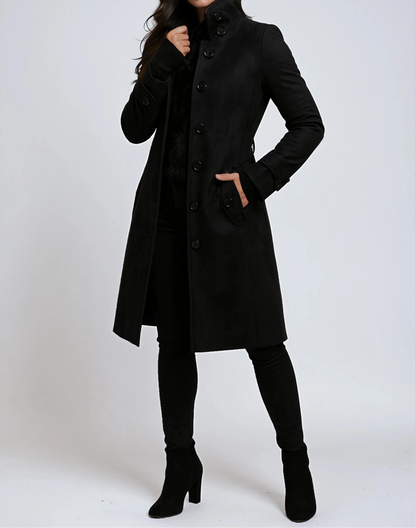 Women's Stand-Collar Button-Front Fitted Coat with Side Pockets Black