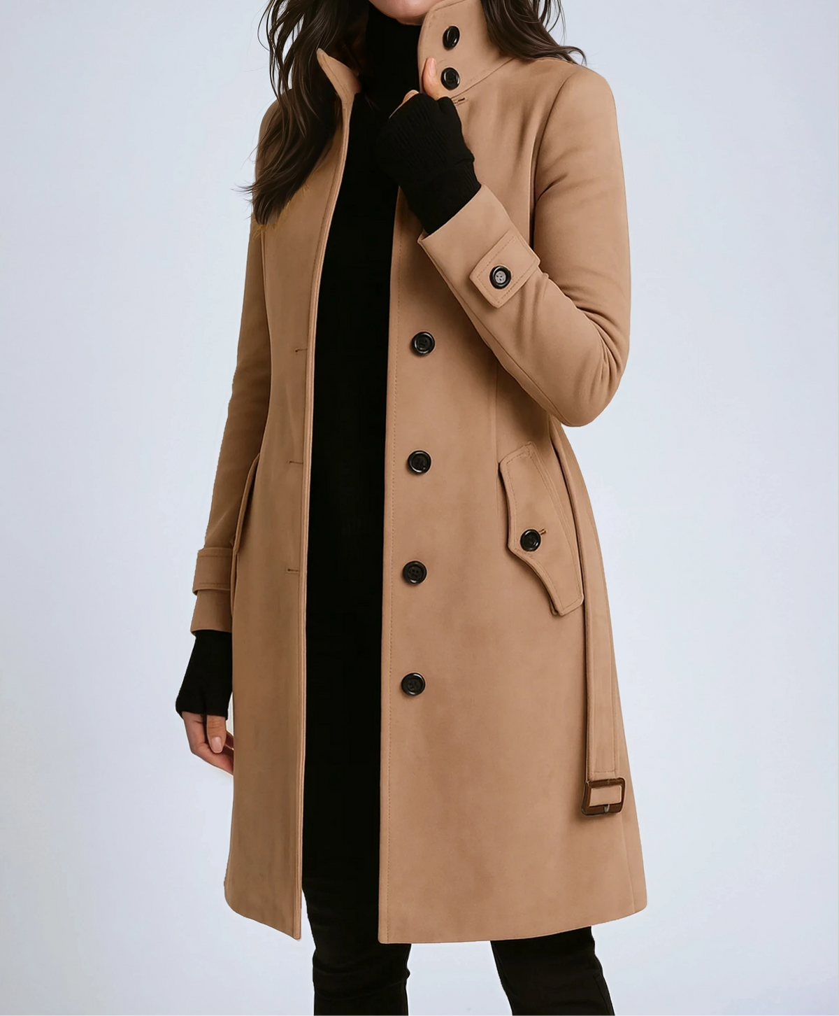 Women's Stand-Collar Button-Front Fitted Coat with Side Pockets Khaki