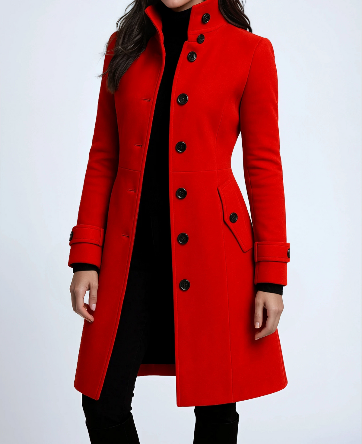 Women's Stand-Collar Button-Front Fitted Coat with Side Pockets Red