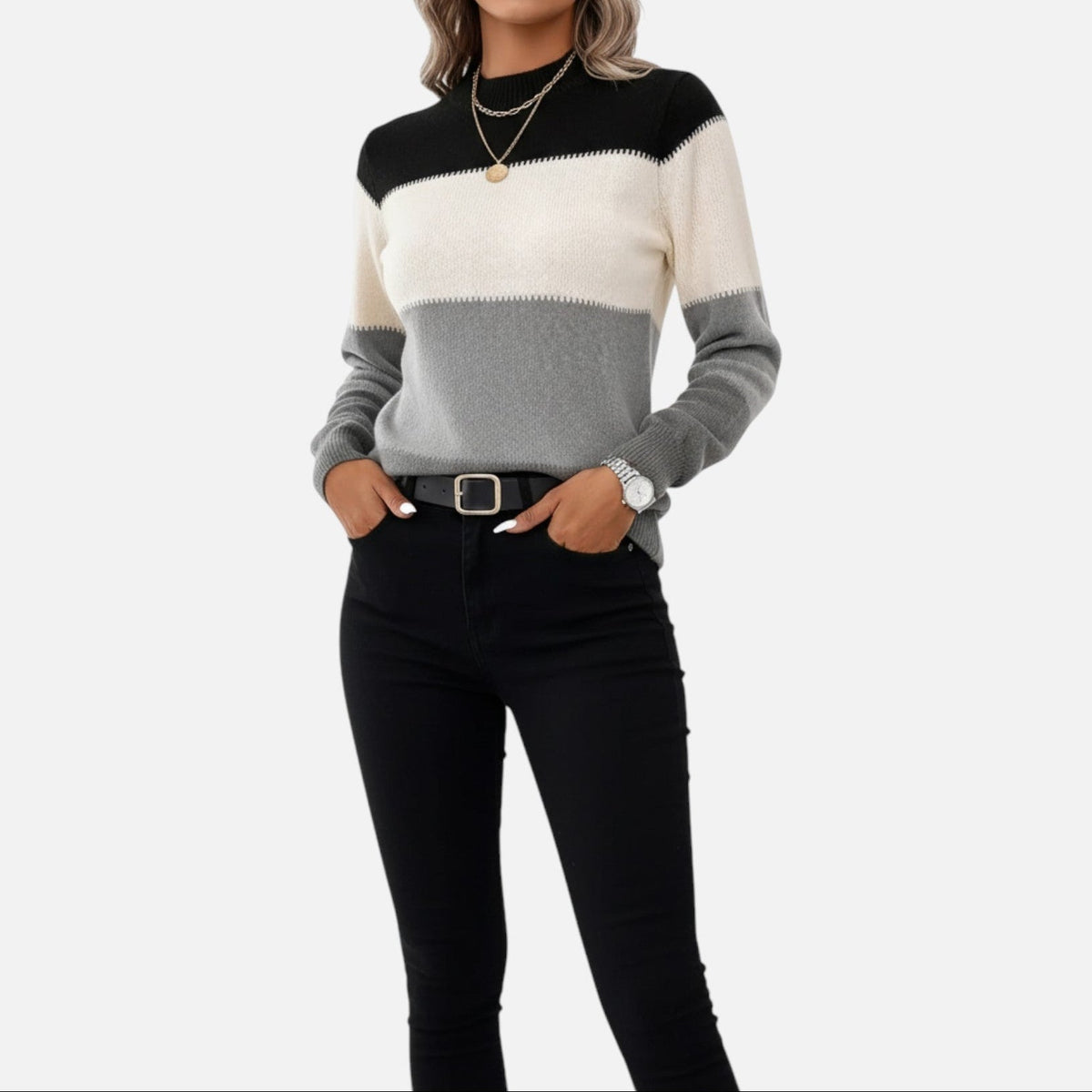Women's Striped Knit Crew-Neck Sweater Lightweight Pullover 1
