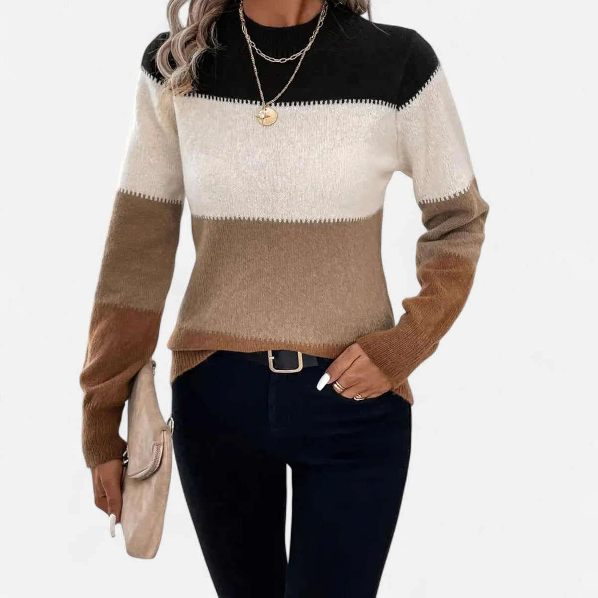 Women's Striped Knit Crew-Neck Sweater Lightweight Pullover Brown