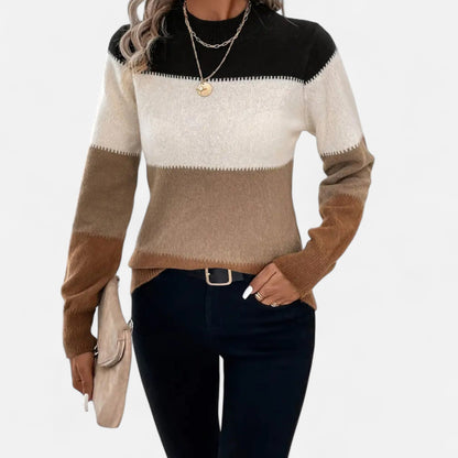 Women's Striped Knit Crew-Neck Sweater Lightweight Pullover Brown