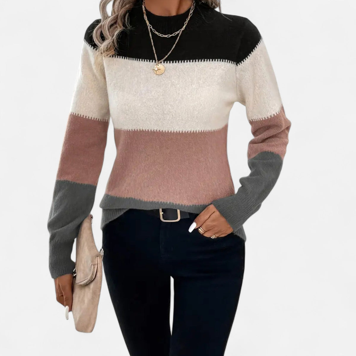Women's Striped Knit Crew-Neck Sweater Lightweight Pullover Dark Pink