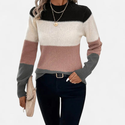 Women's Striped Knit Crew-Neck Sweater Lightweight Pullover Dark Pink