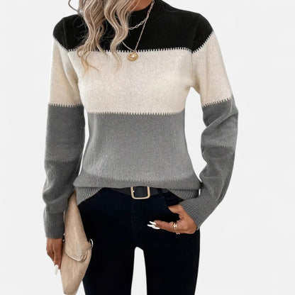 Women's Striped Knit Crew-Neck Sweater Lightweight Pullover Gray
