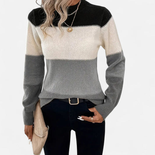Women's Striped Knit Crew-Neck Sweater Lightweight Pullover Gray