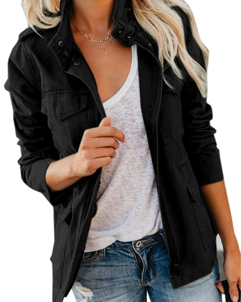 Women's Utility Jacket Stand Collar Multi-Pocket Straight Cut Black