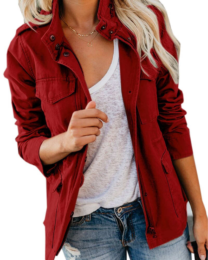 Women's Utility Jacket Stand Collar Multi-Pocket Straight Cut Burgundy