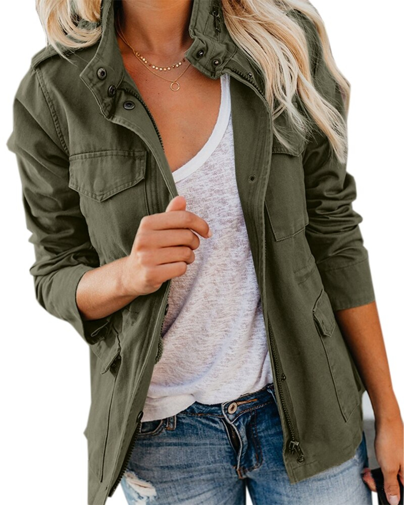 Women's Utility Jacket Stand Collar Multi-Pocket Straight Cut Military Green