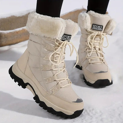 Women's Waterproof Winter Boots Faux Fur Lining Adjustable Laces Beige