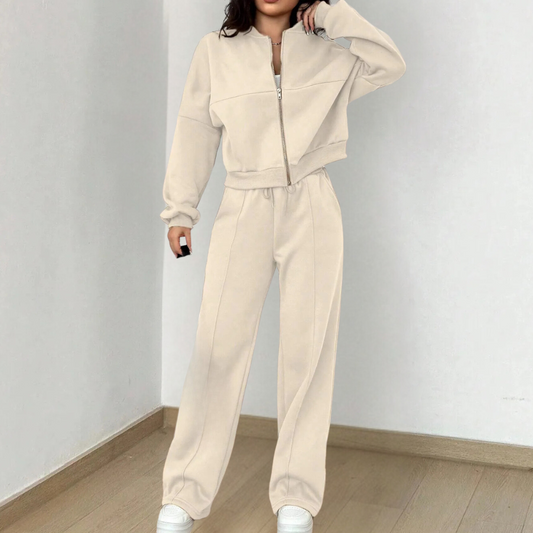 Women’s Zip-Front Two-Piece Set – Cropped Long-Sleeve Jacket with Drawstring Straight-Leg Pants for Casual Wear Cream