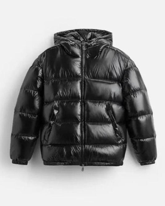 Women's Down-Filled Puffer Jacket Adjustable Hood High Collar Black