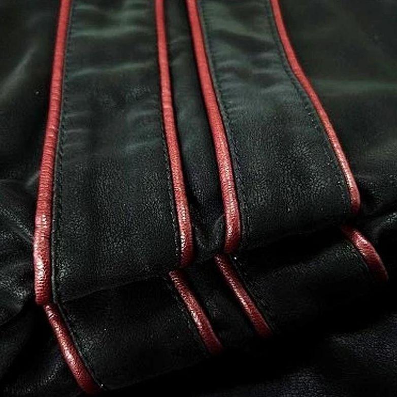 Men's Leather Zip Jacket Red Stripe Multi-Pocket Button Detail 2