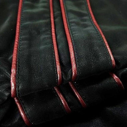 Men's Leather Zip Jacket Red Stripe Multi-Pocket Button Detail 2