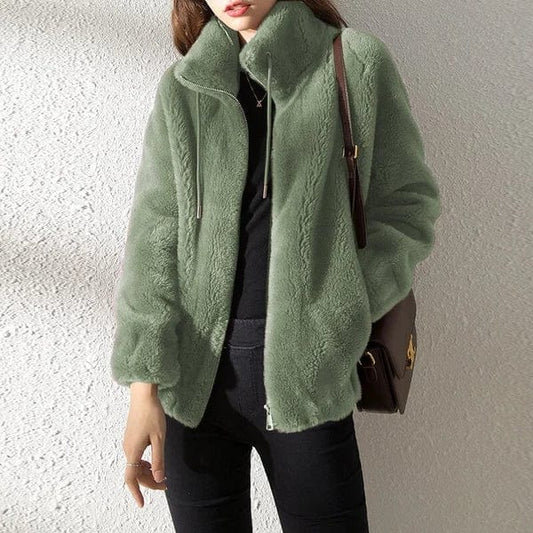 Women's Cosy Zip-Up Jacket Loose Fit Soft Fabric Green