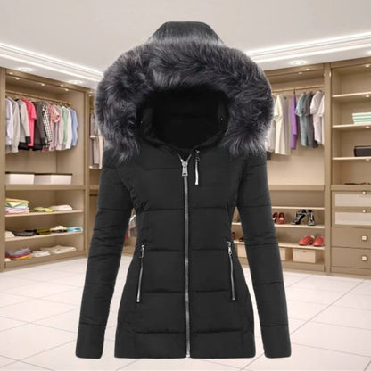 Women's Fur Collar Coat Zip Button Closure Long-Sleeve Black