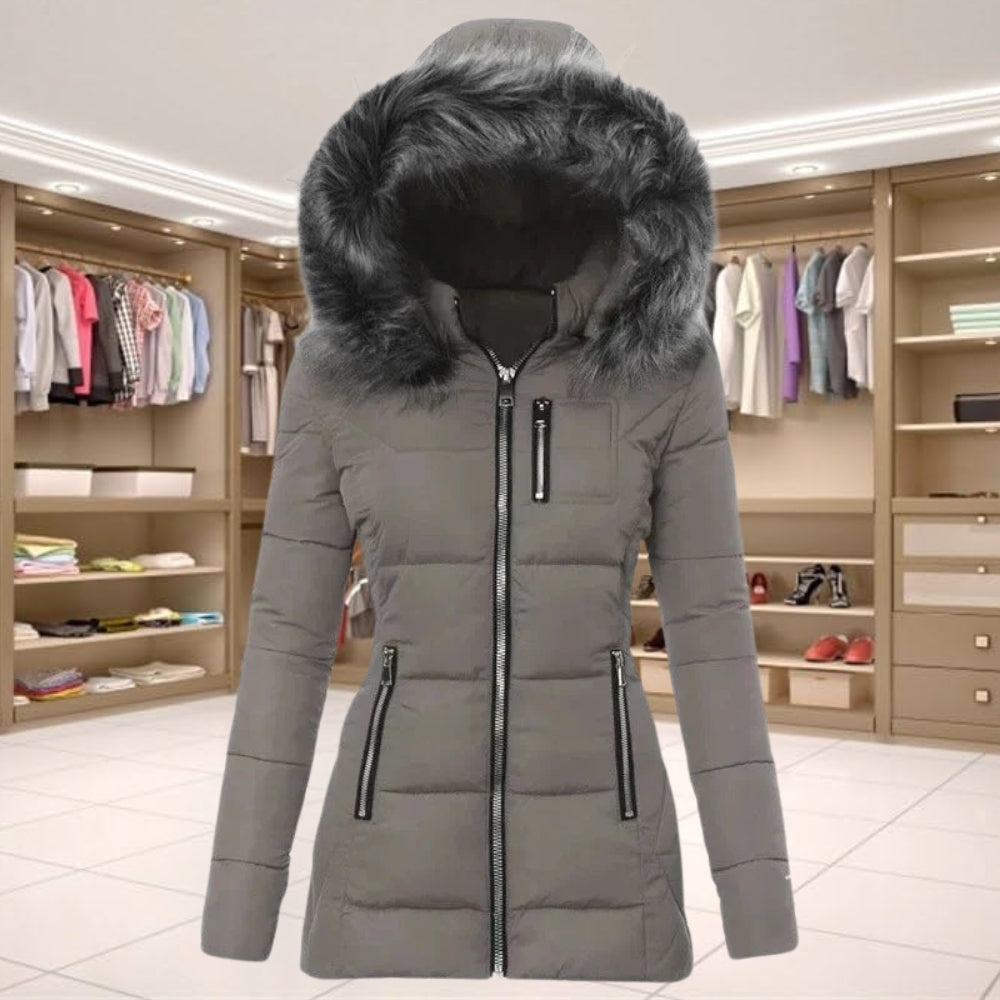 Women's Fur Collar Coat Zip Button Closure Long-Sleeve Gray