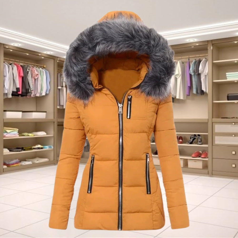 Women's Fur Collar Coat Zip Button Closure Long-Sleeve Yellow