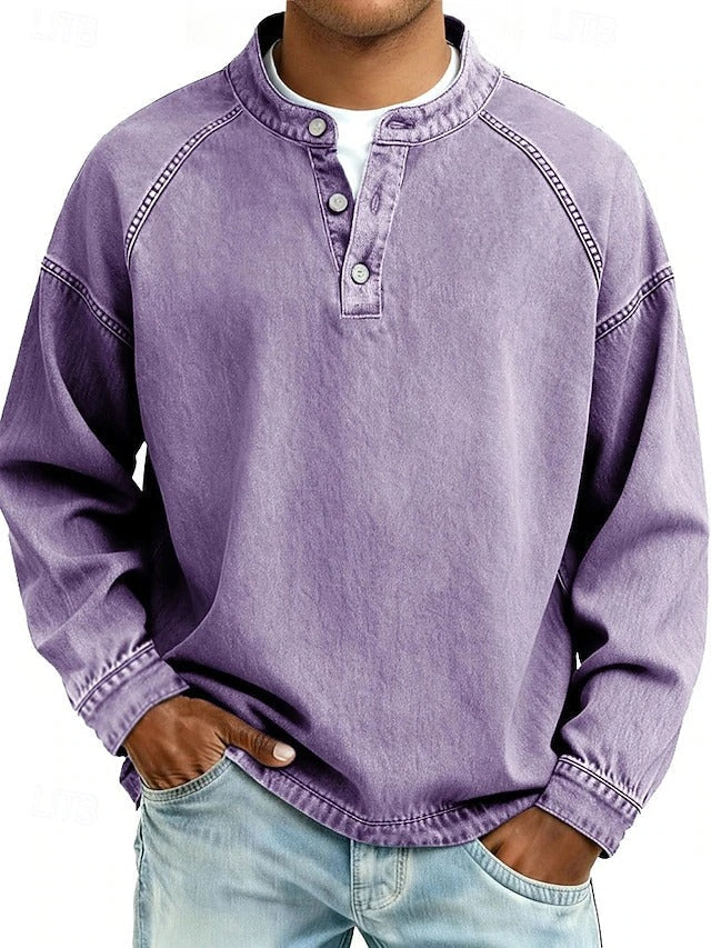 Men's Stand-Collar Button-Placket Sweater Relaxed Fit Purple