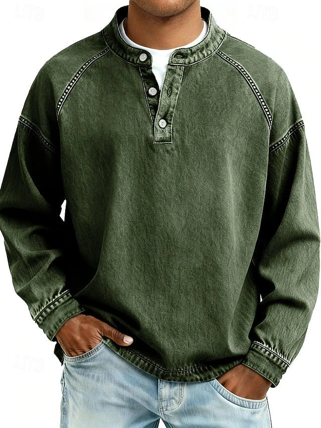 Men's Stand-Collar Button-Placket Sweater Relaxed Fit Dark Green