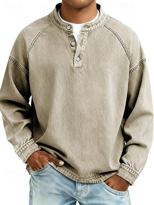 Men's Stand-Collar Button-Placket Sweater Relaxed Fit Khaki