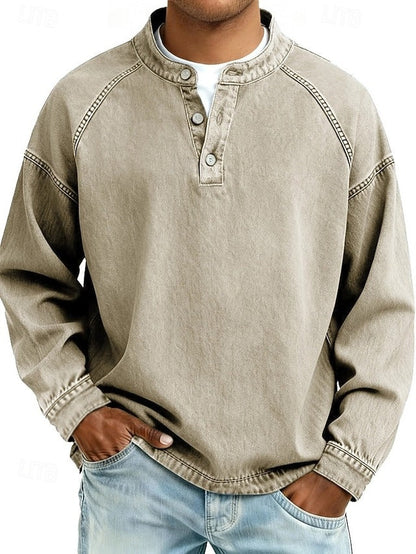 Men's Stand-Collar Button-Placket Sweater Relaxed Fit Khaki