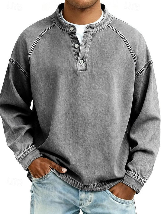 Men's Stand-Collar Button-Placket Sweater Relaxed Fit Gray