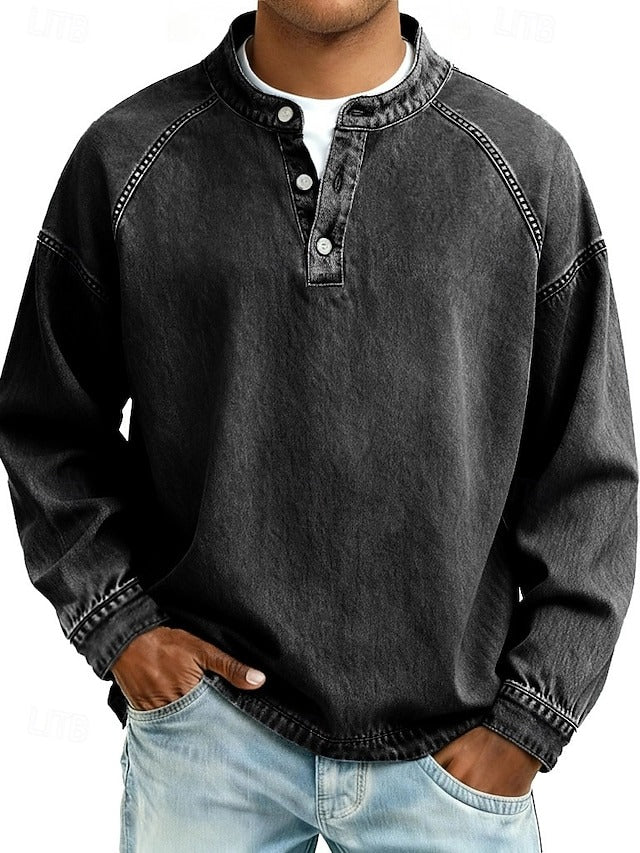 Men's Stand-Collar Button-Placket Sweater Relaxed Fit Black