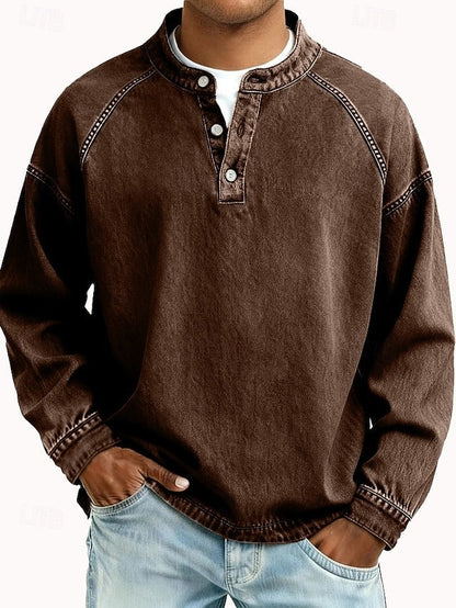 Men's Stand-Collar Button-Placket Sweater Relaxed Fit Brown
