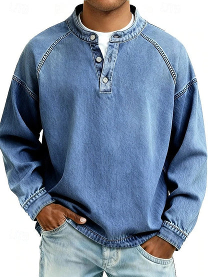 Men's Stand-Collar Button-Placket Sweater Relaxed Fit Blue