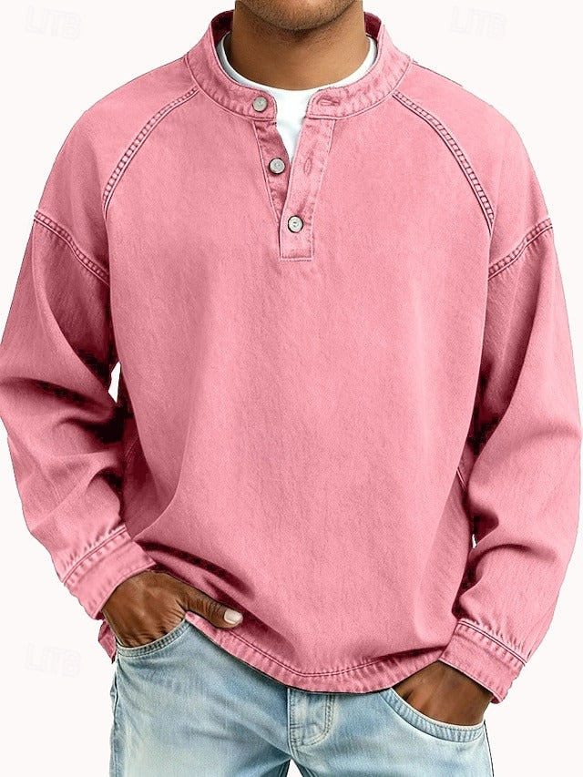 Men's Stand-Collar Button-Placket Sweater Relaxed Fit Pink