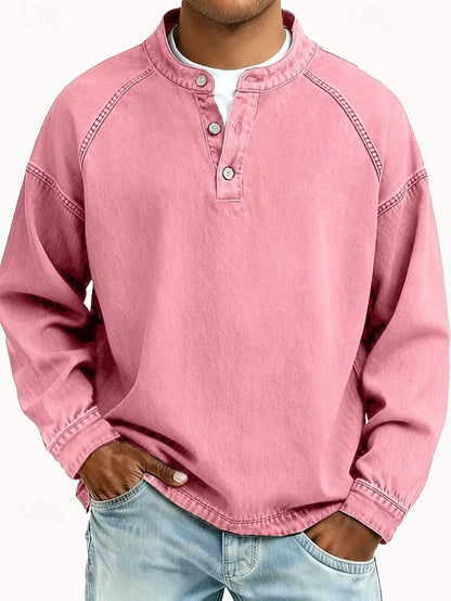 Men's Stand-Collar Button-Placket Sweater Relaxed Fit Pink