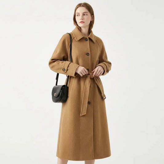 Women's Belted Longline Wool Blend Trench Winter Coat Edenforth