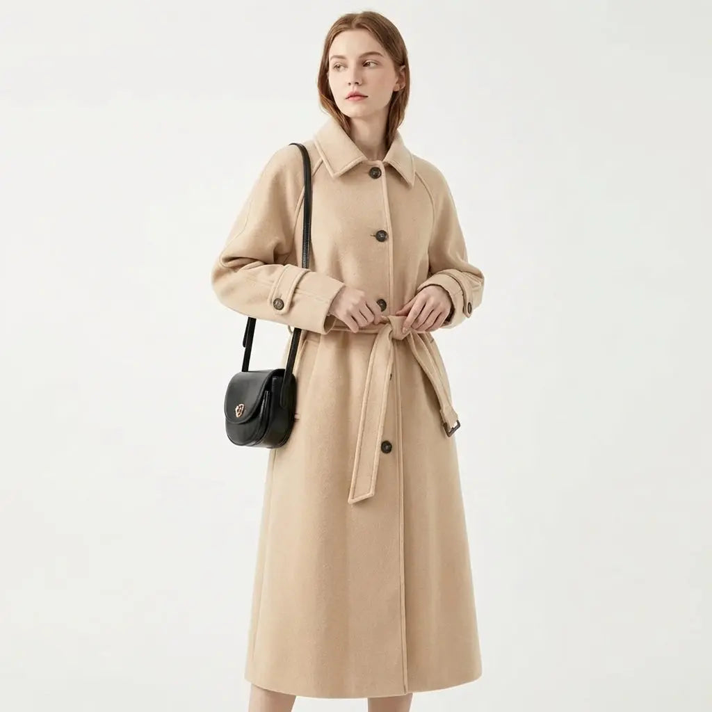 Women's Belted Longline Wool Blend Trench Winter Coat Edenforth