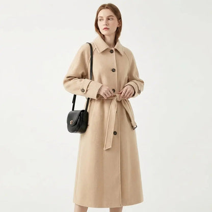 Women's Belted Longline Wool Blend Trench Winter Coat Edenforth