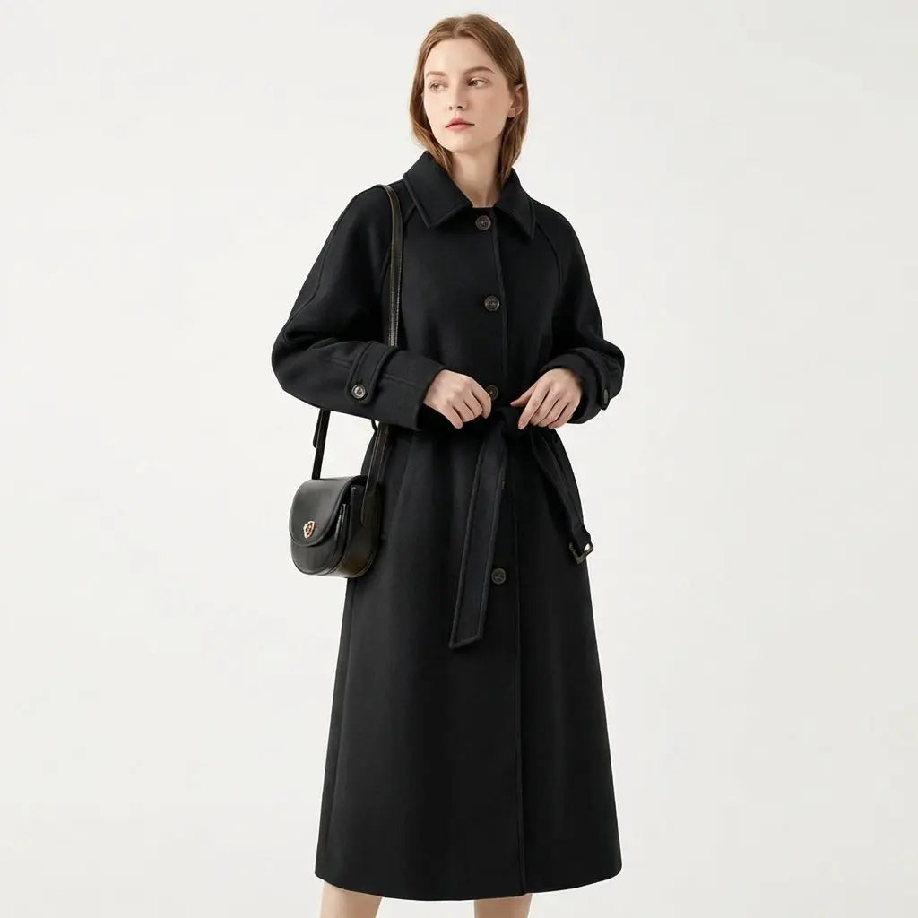 Women's Belted Longline Wool Blend Trench Winter Coat Edenforth