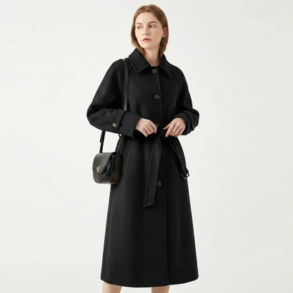 Women's Belted Longline Wool Blend Trench Winter Coat Edenforth