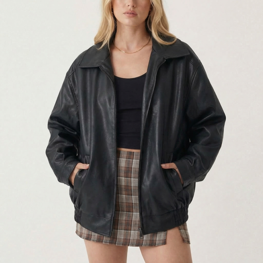Women's Oversized Vintage 90s Faux Leather Zip-Up Fall Bomber Edenforth