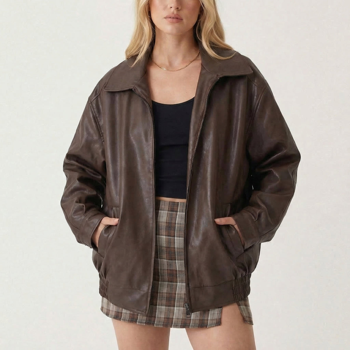 Women's Oversized Vintage 90s Faux Leather Zip-Up Fall Bomber Edenforth