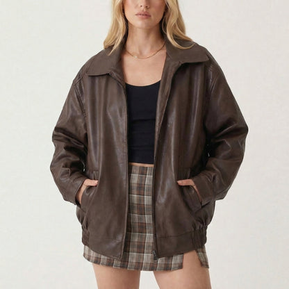 Women's Oversized Vintage 90s Faux Leather Zip-Up Fall Bomber Edenforth