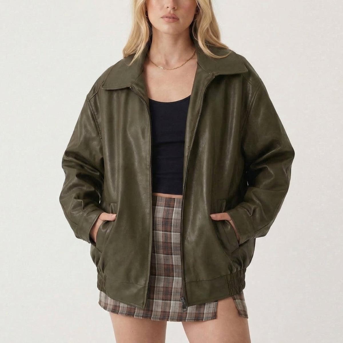 Women's Oversized Vintage 90s Faux Leather Zip-Up Fall Bomber Edenforth