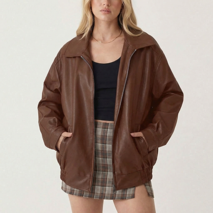 Women's Oversized Vintage 90s Faux Leather Zip-Up Fall Bomber Edenforth