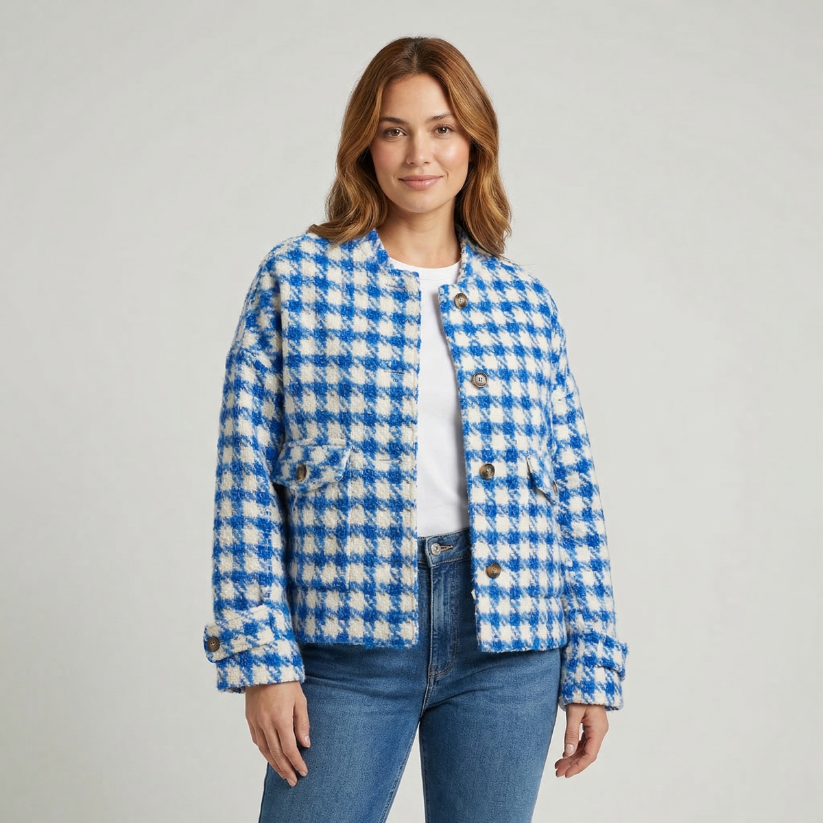 Women's Houndstooth Collarless Button-Up Short Winter Coat Edenforth