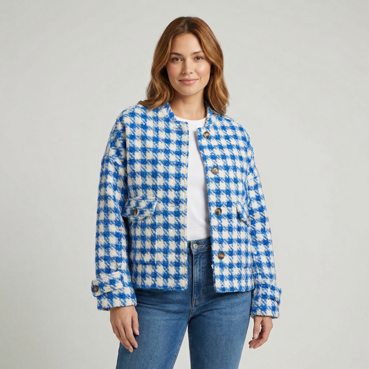 Women's Houndstooth Collarless Button-Up Short Winter Coat Edenforth
