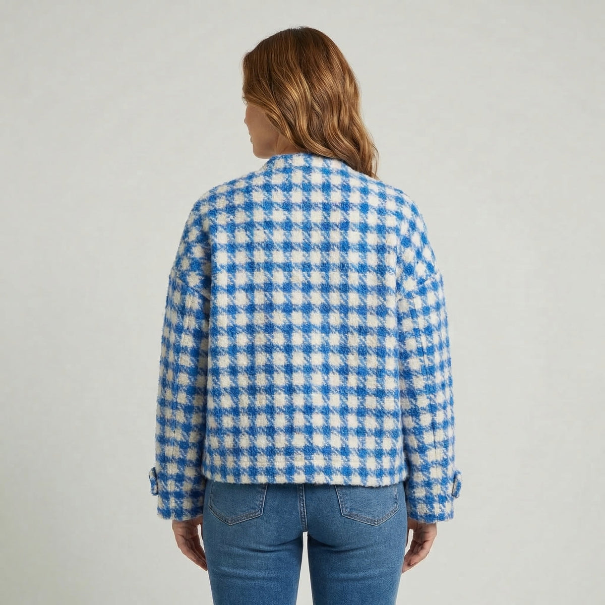 Women's Houndstooth Collarless Button-Up Short Winter Coat Edenforth